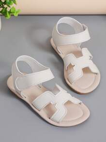1 Pair Infant/Toddler Girls Plain Color PU Strap Strap Hook And Loop Design Round Toe Open Toe Comfort Fashion Roman Sandals, Suitable For 3-12 Years Old Girl Students Daily Casual/Holiday Outdoor Wear, Spring/Summer New 2025