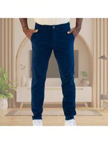 Men's Old Money Slim Fit Twill Sport Knife Pocket Pants With Premium Elastane Elegant Tailored Social Casual Trousers - 藍色 - 查看 1