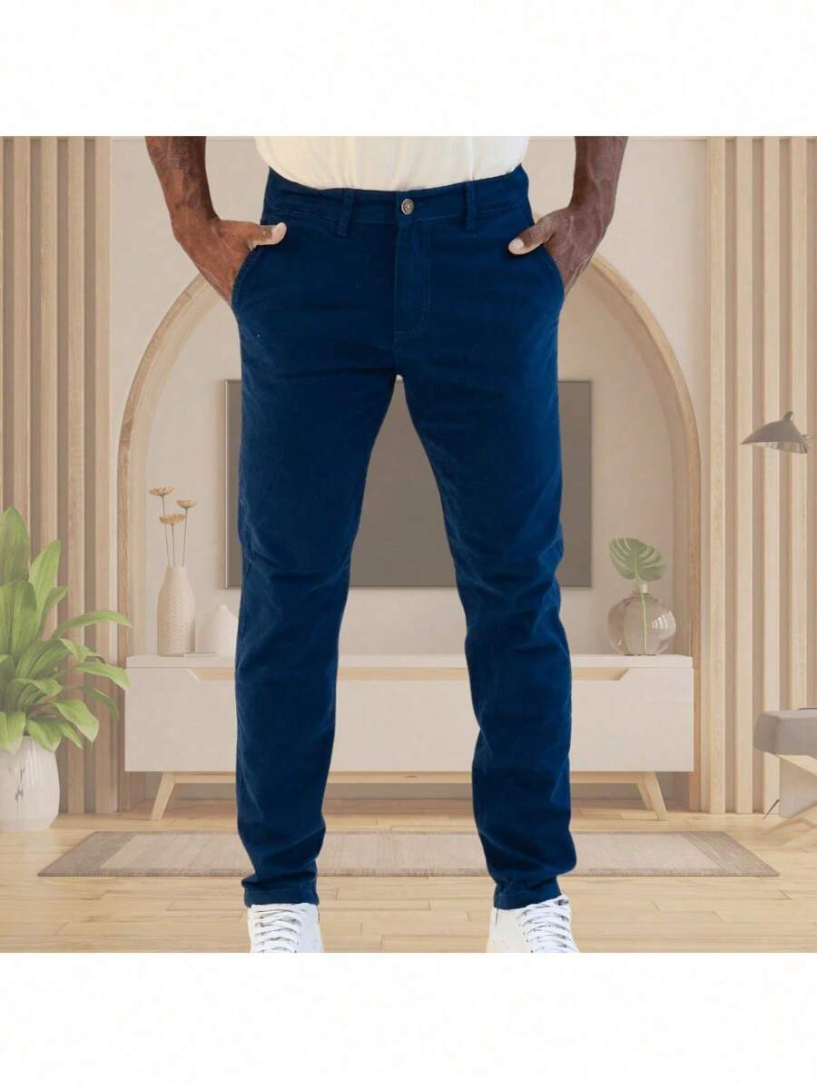Men's Old Money Slim Fit Twill Sport Knife Pocket Pants With Premium Elastane Elegant Tailored Social Casual Trousers - 藍色 - 查看 1