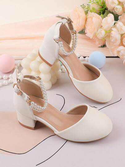 Girls Pearl Decor Flower Girl Wedding Party Ballet Thick Heel High Heel Formal Dress, Dance Recital Shoes, Hook And Loop Floral Daily Casual Shoes For Big Middle Small Kids