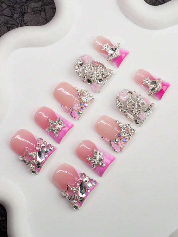 10pcs/Set Handmade French Manicure Y2K Style Acrylic Nails, Nude & Pink Color With French Tips, Rhinestones, Snake, Floral, Planet, Star Designs. Suitable For Parties, Events, Daily Wear For Women & Girls. Includes Manicure Tools, Great Gift Idea Press On Nails