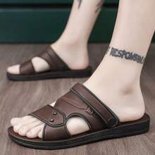Men's Fashionable Hollow PU Open Toe Slip-On Sandals, Non-Slip Outdoor Beach Shoes, Breathable And Comfortable Business Casual Slides - Brown - View 8