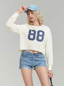 Women Spring T-Shirt Long Sleeve Crew Neck Numbers Print Loose Ladies Fall Tops Streetwear - White - View 5