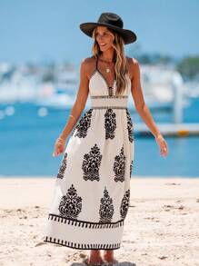 popvil Boho Printed Backless Cross Halter Maxi Dress For Summer Vacation - Beige - View 1