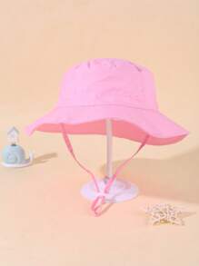 1 件儿童纯色抽绳渔夫帽，可调节尺寸，户外防晒休闲帽，适合男孩和女孩，春秋季，旅行，海滩度假 - 粉色 - 查看 3