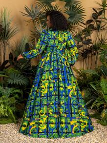 Faeriesty TribalChic Plus Shirt Neck Short Sleeves Printed Belted Casual Romper - Green - View 3