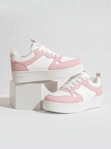 New Leather Girl's Casual Sneakers, Student Wear-Resistant Breathable Platform Thick Sole Non-Slip Skateboarding Shoes, Suitable For Youth - Pink - View 9