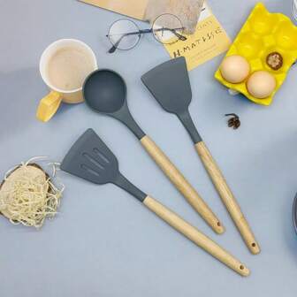 Wooden Handle Silicone Kitchenware 3-Piece Set Non-Stick Pot Silicone Dense Shovel Leaky Shovel Spoon Silicone Kitchenware Wooden Handle Kitchenware Set