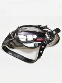 女士全装备拉链腋下钱包，合成皮革腋下女包，黑色皮带装饰时尚单肩腋下摩托车包 - 黑色 - 查看 6