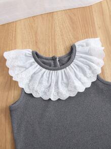 Humor Bear 2pcs/Set Girls Lace Ruffle Collar Short Sleeve T-Shirt & Bell Bottom Pants Set, Summer - Grey - View 3