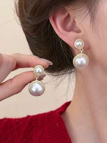 2 件复古圆形人造珍珠几何夹式耳环，无需穿孔 - clip - 查看 2