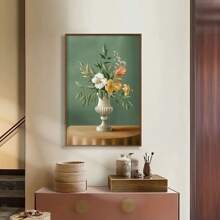 1 pieza Impresión artística en lienzo floral moderna - Diseño de jarr clásico europeo con fondo verde y beige, flores blancas y amarillas, perfecto para la sala de estar, el dormitorio, la cocina, el estudio y talla grande - Decoración de pared sin marco, regalo ideal, decoración floral