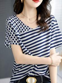 YUXIN 春夏女式上衣，波点条纹拼接，不对称设计，百搭短袖T恤，休闲百搭 - 藍色 - 查看 2
