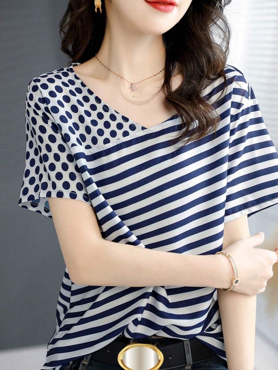 YUXIN 春夏女式上衣，波点条纹拼接，不对称设计，百搭短袖T恤，休闲百搭