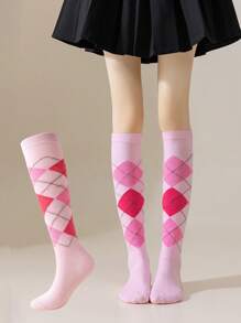 1/2/4 Pairs Of Spring And Autumn Women's Wear European And American Diamond-Plaid Jk Calf Socks, Breathable Sweat Absorption, Suitable For Dating Parties, Cosplay Dress Up Calf Socks, Y2k, Cozy - Multicolor - View 15