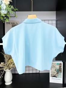 ELLIE Casual Striped Print Loose Cropped Shirt - 單色水藍色 - 查看 4