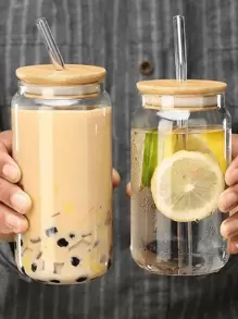 450ml/500ml/1个带盖吸管杯玻璃杯高硼硅耐热玻璃杯奶茶咖啡杯