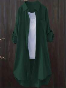 Women's Casual Solid Color Roll Up Sleeve Blouse, Spring/Autumn - Dark Green - View 3