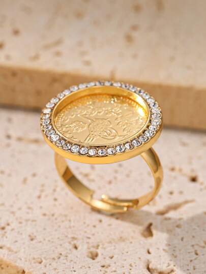 New Arrival Gold-Plated Turkish Coin Ring With Rhinestone Detail And Adjustable Size, Ideal For Couples And Weddings