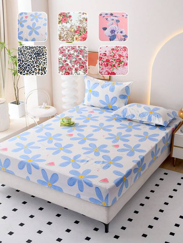 1pc Floral Print Fitted Sheet, Mattress Cover, Bed Cover, Cozy Home Textile, Breathable And Anti-Pilling Mattress Protector, Soft And Comfortable Bedding For Bedroom, Skin-Friendly Mattress Cover, Pattern Printed Mattress Protector(Without Pillowcases), Breathable And Comfortable, For Twin Full King Queen All Size Bed, Valentine's Day Gifts, Machine Washable