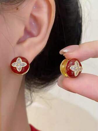 1 Pair Fashionable Reversible Geometric & Floral Stud Earrings, Vintage Cubic Zirconia Petal Hoop Earrings