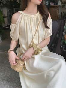 女士夏季度假风宽松露肩花瓣袖连衣裙 - 杏色 - 查看 4