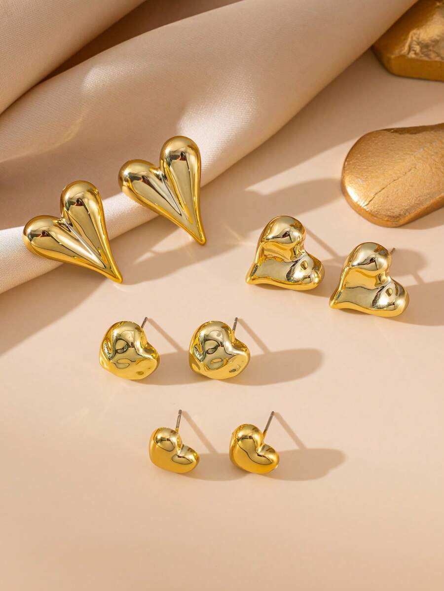 8pcs Fashionable Gold Metallic Asymmetrical Heart Shaped Earring Set, Women Chic Stud Earring Set