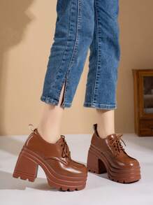 10厘米超高跟厚底英伦风小皮鞋，粗跟玛丽珍乐福鞋，通勤百搭系带鞋 - 棕色 - 查看 6