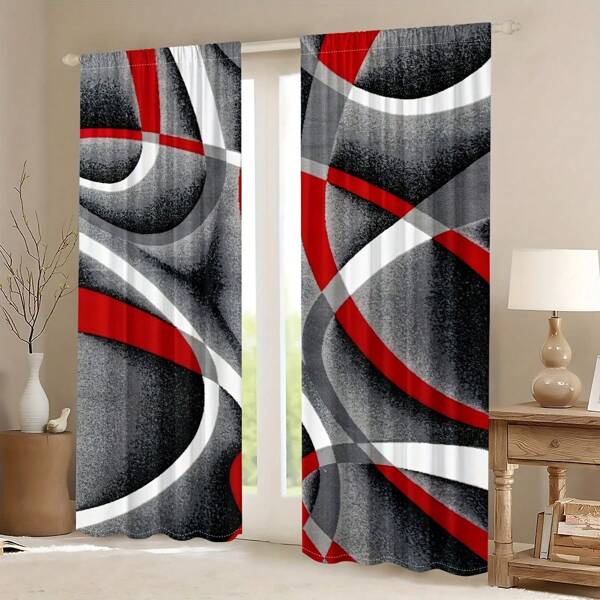 2pcs Grey And Red Striped Printed Curtain With Rod Pocket, UV Protection, Machine Washable Polyester Fabric, Suitable For Living Room, Kitchen, Cafe, Balcony And Garden