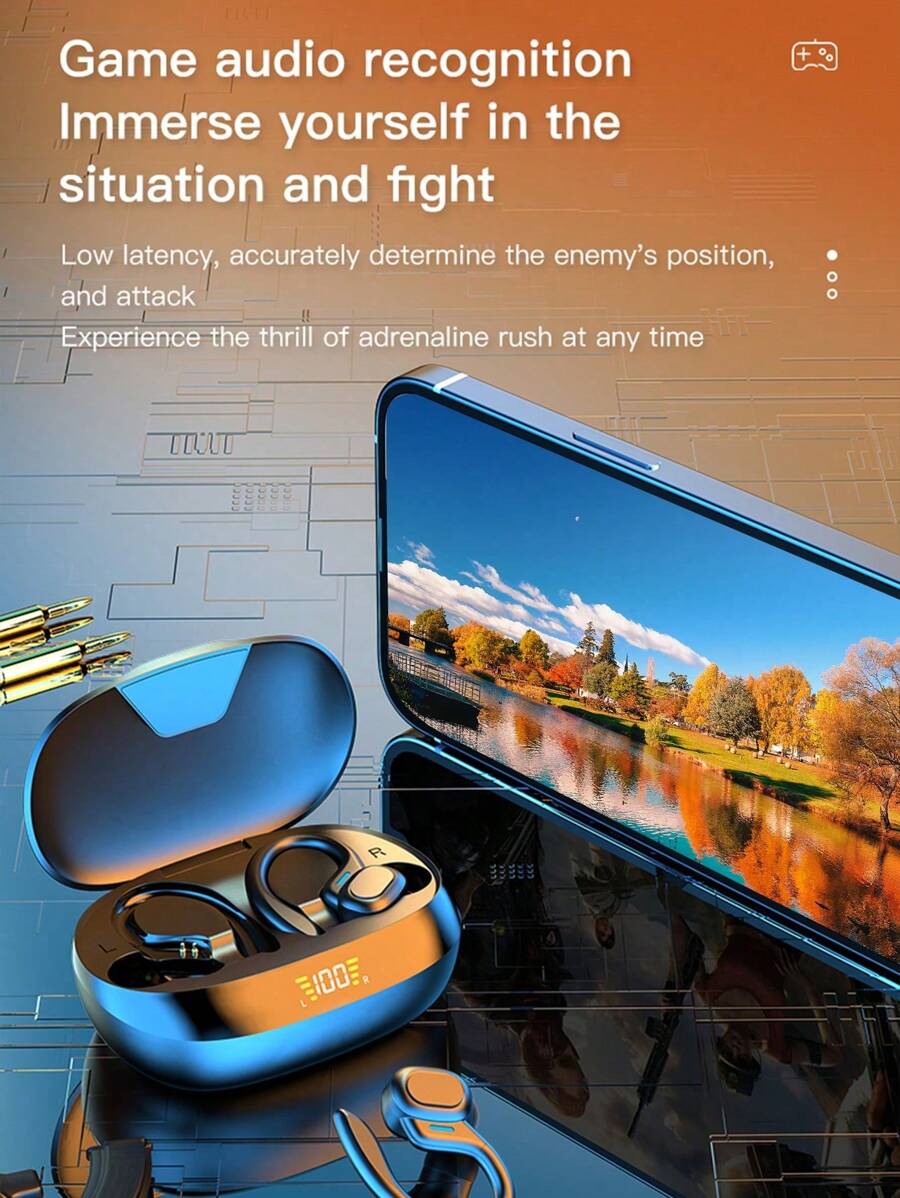 Cuffie senza fili agganciabili all'orecchio con controllo touch, display digitale, scomparto di ricarica per power bank, design a lampada atmosferica, adatte per esercizio fisico, yoga, corsa - Tagli Unica - Visualizzare 1