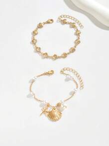 2pcs/Set Beach Vacation Style Metal Alloy Shell, Starfish & Faux Pearl Pendant Bracelet Set, Handmade Versatile Jewelry Suitable For Women's Daily, Beach, Date, Party & Music Festival Wear. The Handmade Chain Length Can Be Customized. - Multicolor - View 6