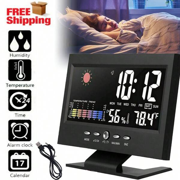 Voice-Controlled Digital Weather Clock With Backlight - 4.5inch X 6.1inch Display, Temperature & Humidity, Calendar, Time & Forecast - USB Powered Alarm Clock For Home