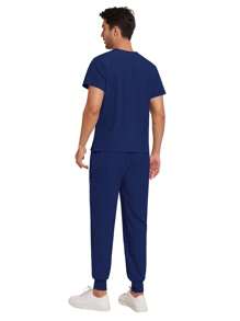 男士医疗制服套装，牙医/护士制服，V领短袖上衣，医用运动裤，护理工作服，医生工作服 - 藏蓝色 - 查看 9