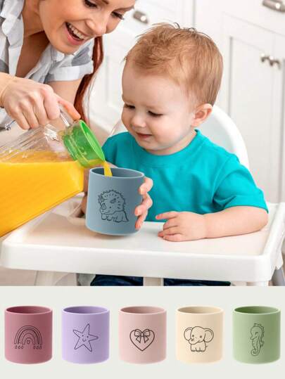 PopLittleOne 1pc Silicone Baby Cup Cute Cartoon Pattern Baby Tableware Feeding Learning Baby Shower Gift Portable Baby Water Bottle