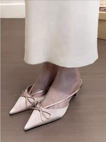 Pointed Toe Bow Decor Backless Mules, Satin French Style Elegant Slip-On Flats For Spring/Summer 2025 - Pink - View 2
