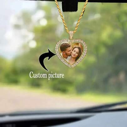 1pc Customized Car Rearview Mirror Pendant With Crystal Heart Decoration, Gift For Boyfriend, Father, Husband