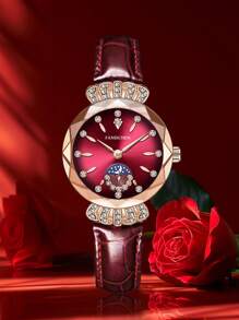 FANSICHEN FANSICHEN New Luxury Crown Rhinestone Rose Gold Women Watch, Elegant Floral Glass Red Dial Waterproof Quartz Wrist Watch, Suitable For Daily Wear, Great Gift For Girlfriend