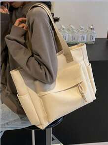 1pc Beige Nylon Casual Tote Bag, Minimalist Design Lightweight Large Capacity Women Shoulder Bag, Suitable For School And University, Multi-Pocket Canvas Handbag, Artistic Style School Bag & Bookbag For Women Or Students, Perfect For Books, Shopping, Back To School And More, Tote Bags For School,College Essentials