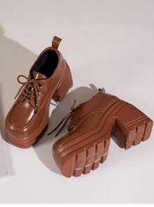 10厘米超高跟厚底英伦风小皮鞋，粗跟玛丽珍乐福鞋，通勤百搭系带鞋 - 棕色 - 查看 9