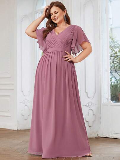 EVERPRETTY 优雅V领荷叶边喇叭袖及地粉色伴娘礼服/婚礼宾客礼服