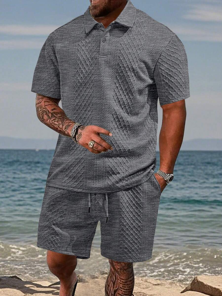 2pcs/Set Men's Summer Casual Outfit: Button Lapel Plain Polo Shirt & Relaxed Shorts, Men's Vacation, Suitable For Summer Outing - Dark Grey - View 1