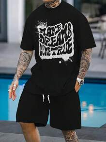 Men's Casual Commute Letter 3D Print Short Sleeve T-Shirt And Drawstring Waist Shorts Set, Summer Holiday Outfit - Multicolor - View 1