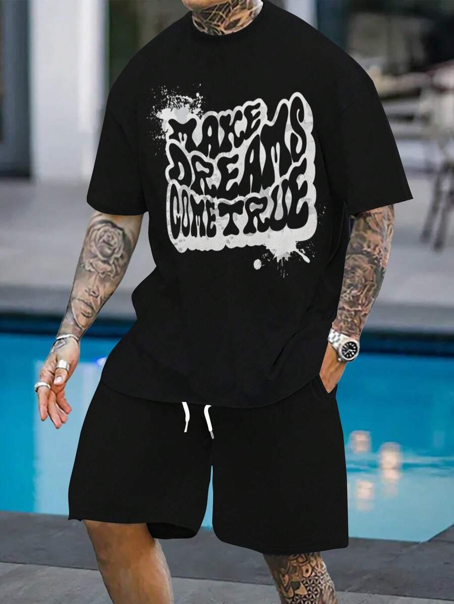 Men's Casual Commute Letter 3D Print Short Sleeve T-Shirt And Drawstring Waist Shorts Set, Summer Holiday Outfit - Multicolor - View 1