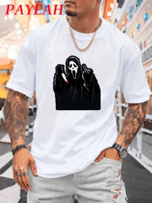 Camiseta Estampado Gráfico " Parca de Halloween" - Camiseta Ligera De Cuello Redondo Para Hombre Con Estampado, Top Casual De Verano En Negro, Diseño Gráfico Blanco, Tejido De Poliéster Cómodo Para Atuendo Casual, Ropa De Playa | Cuello Redondo Casual | Camiseta Ligera, Camisa De Playa Tejido Transpirable 220g Algodón Pesado - Blanco - Ver 1