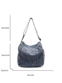 2025 春夏复古时尚休闲洗水牛仔斜挎包，带缝线的百搭单肩包，缝线帆布包，学院风，大容量，可折叠街头风单肩包 - 藍色 - 查看 9