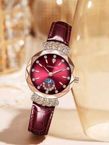 FANSICHEN FANSICHEN New Luxury Crown Rhinestone Rose Gold Women Watch, Elegant Floral Glass Red Dial Waterproof Quartz Wrist Watch, Suitable For Daily Wear, Great Gift For Girlfriend