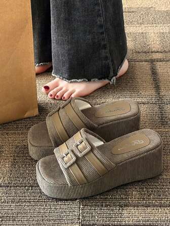 2025 New Women Fashion Simple Comfortable Personalized Casual Black Fabric Platform Wedge Sandals