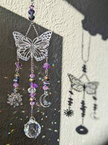 1pc Purple Amethyst Butterfly Car Hanging Decor, Outdoor Garden Pendant Decoration, Purple Crystal Butterfly Sunglass Car Rearview Mirror Ornament