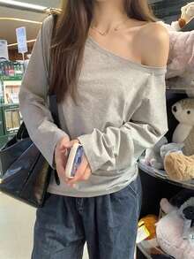 宽松露肩长袖 T 恤，适合春夏季，时尚百搭的分层上衣 - 灰色 - 查看 6