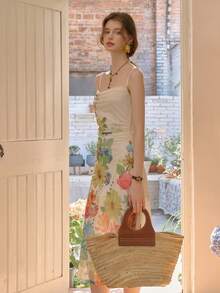 Simple Retro Ladies' Summer Contrast Color Square Neckline Placement Print Romantic Elegant Vintage Bodycon Waist Sleeveless Mid-Length Dress Spring Break